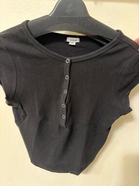 Garage Black Ribbed Snap-Front Crop Top